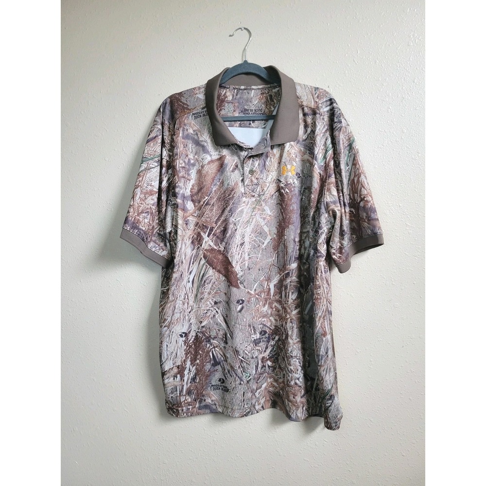 Under Armour Polo Shirt‎ Mens Camo Mossy Oak Duck Blind Hunting Performance Golf